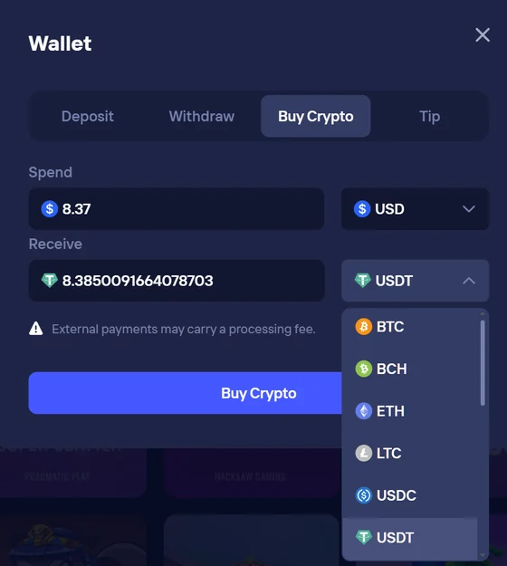 Duel Casino Koop Crypto-scherm: converteer USD-fiat naar USDT, BTC, BCH, ETH, LTC of USDC rechtstreeks in de casinoportemonnee zonder het platform te verlaten.