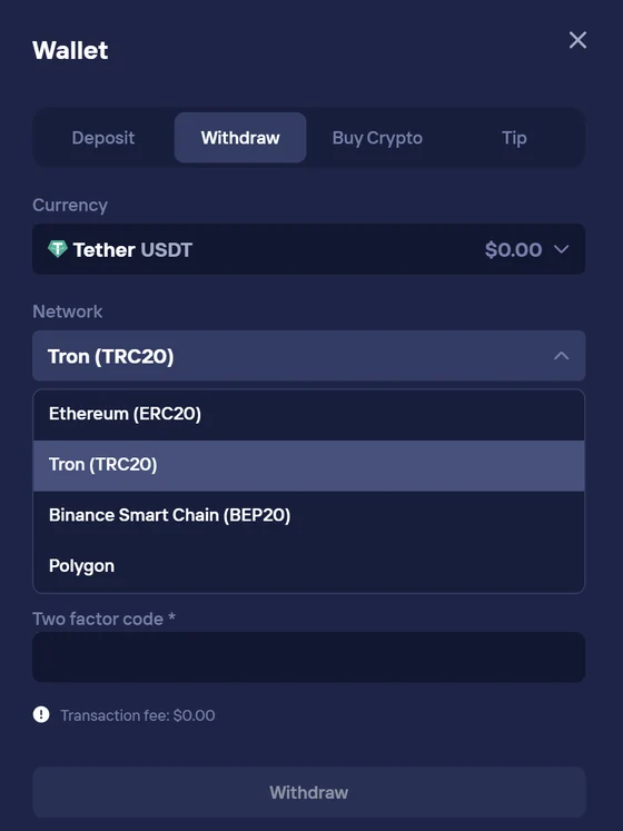 Scherm voor het opnemen van een Duel Casino-portemonnee: USDT geselecteerd met netwerkkeuze - Tron TRC20, Ethereum ERC20, Binance Smart Chain BEP20, Polygon. Geen transactiekosten.