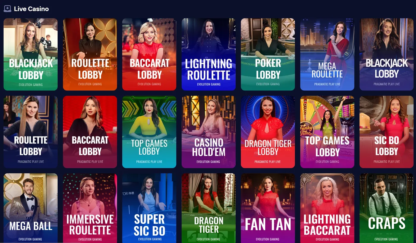 Duel Casino live casinolobby met Evolution Gaming-tafels: Blackjack Lobby, Roulette Lobby, Baccarat, Lightning Roulette, Poker, Mega Roulette.