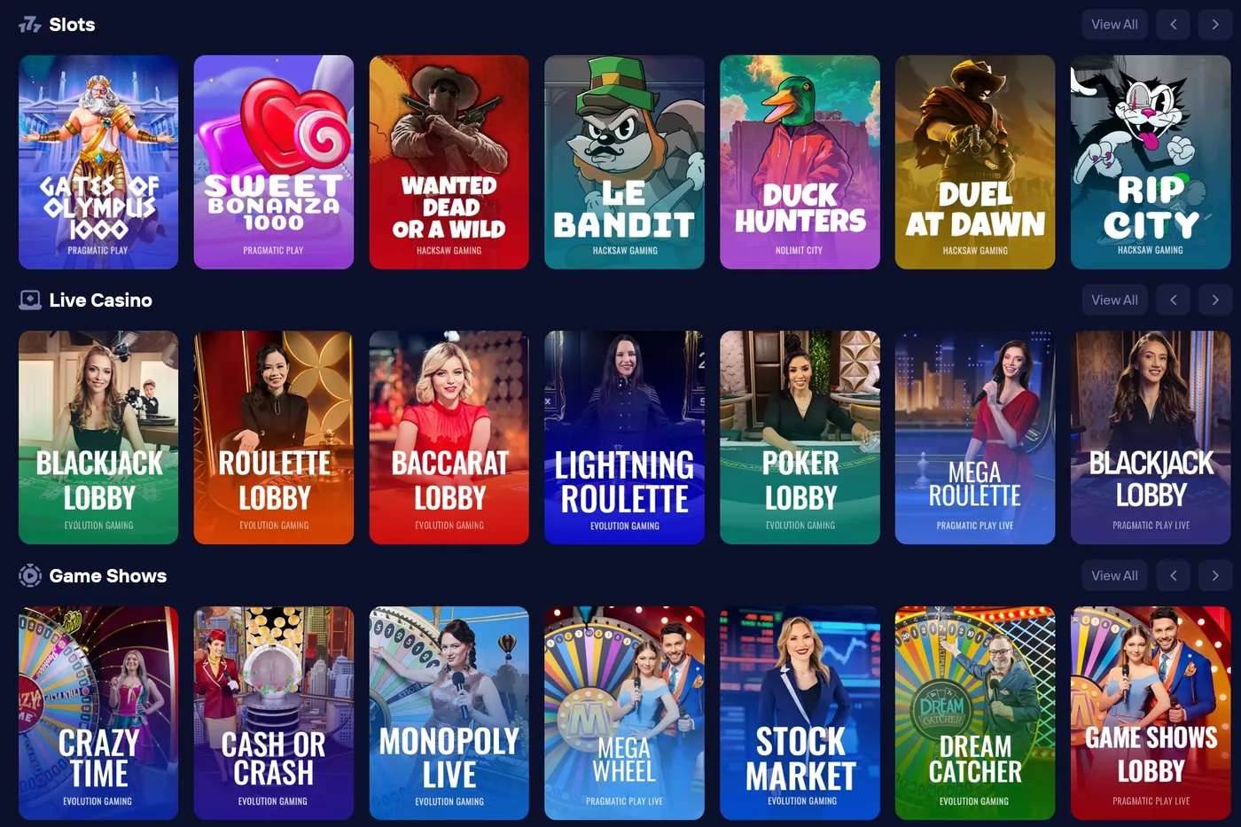 De hoofdlobby van Duel Casino toont populaire slots, waaronder Gates of Olympus en Sweet Bonanza, plus secties Live Casino en Spelshows.