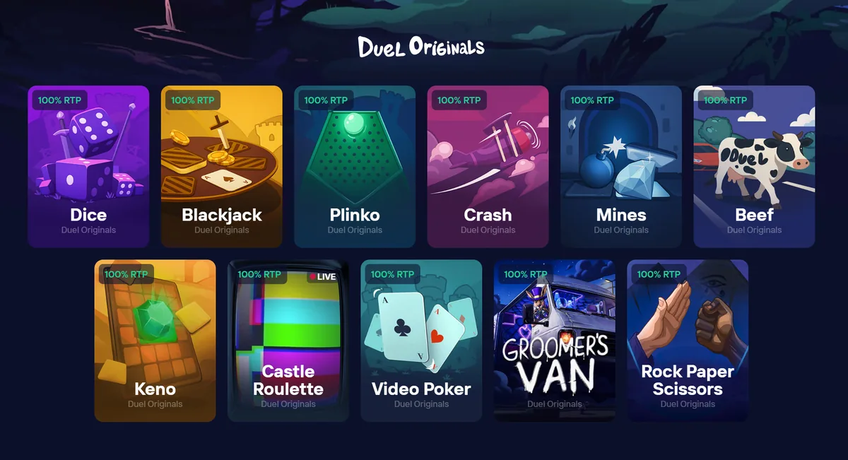 Duel Originals-spelraster: Dice, Blackjack, Plinko, Crash, Mines, Beef, Keno, Castle Roulette (Live), Video Poker, Groomer's Van en Rock Paper Scissors - allemaal met 100% RTP-badges.