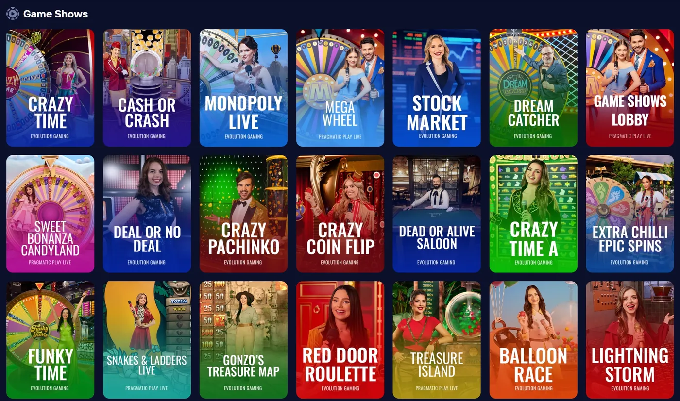 Duel Casino-spelshows met Crazy Time, Cash or Crash, Monopoly Live, Mega Wheel, Stock Market, Dream Catcher en meer.