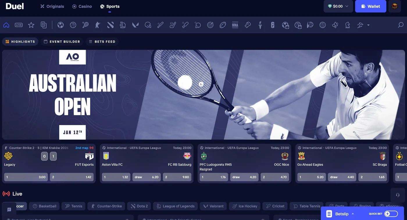 Duel Casino sportsbook-interface met tennisweddenschappen op de Australian Open met competitieve live odds en Counter-Strike esports-markten.
