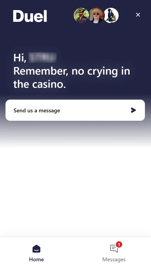 Duel Casino live ondersteuning chatwidget met de begroeting: "Hallo, onthoud, niet huilen in het casino." met een berichtinvoerveld.
